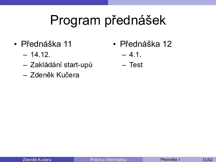 Zdeněk Kučera Přednáška 1 Právo a Informatika /11 Program přednášek Přednáška