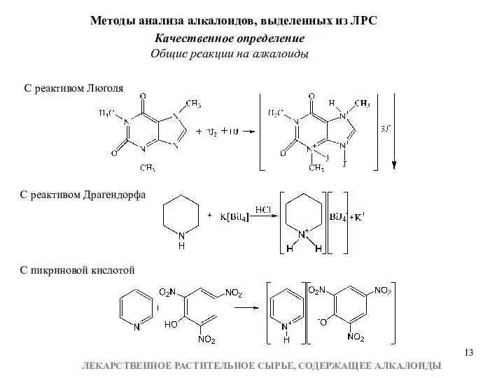Методы анализа алкалоидов, выделенных из ЛРС Качественное определение Общие реакции на