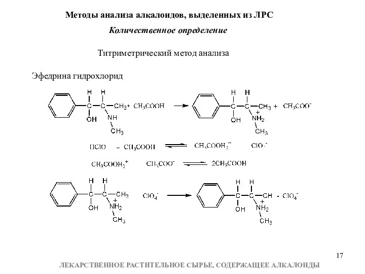 Эфедрина гидрохлорид Титриметрический метод анализа Методы анализа алкалоидов, выделенных из ЛРС