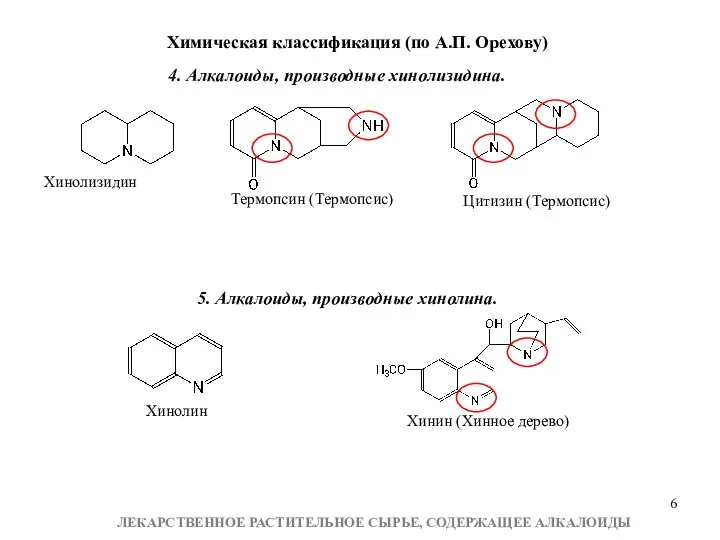 4. Алкалоиды, производные хинолизидина. Хинолизидин Термопсин (Термопсис) Цитизин (Термопсис) Хинин (Хинное