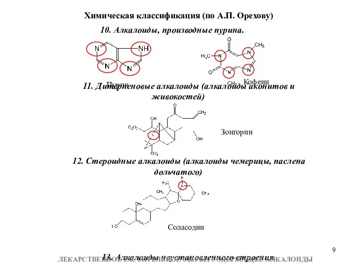 10. Алкалоиды, производные пурина. 11. Дитерпеновые алкалоиды (алкалоиды аконитов и живокостей)