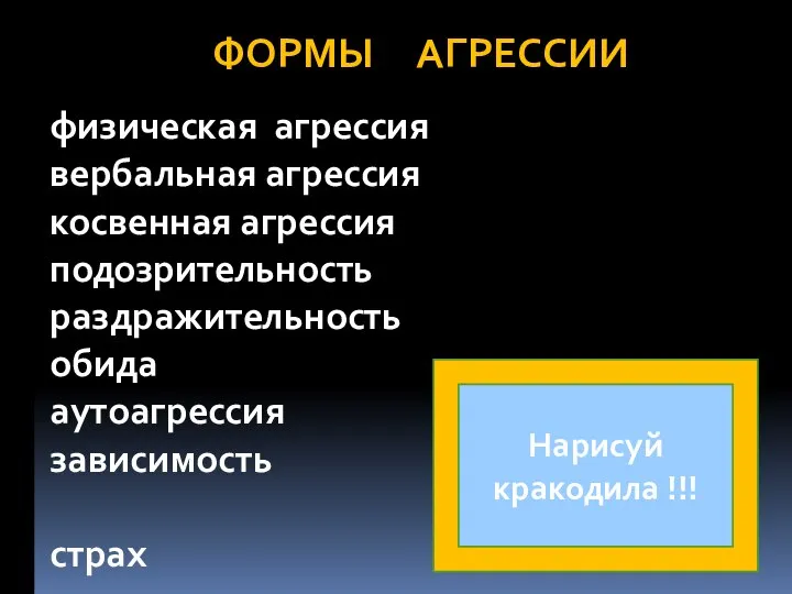 физическая агрессия вербальная агрессия косвенная агрессия подозрительность раздражительность обида аутоагрессия зависимость