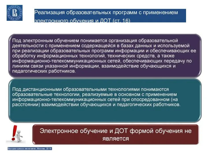 Реализация образовательных программ с применением электронного обучения и ДОТ (ст. 16) Высшая школа экономики, Москва, 2014