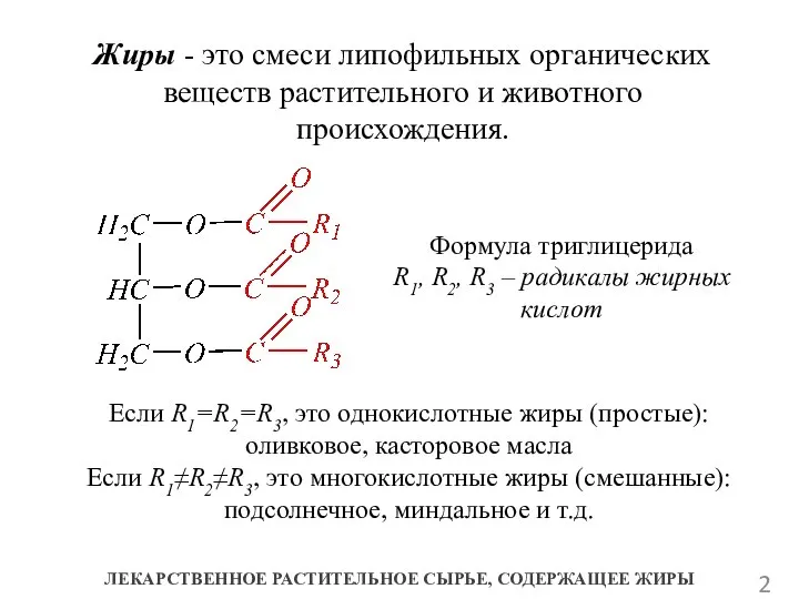 ЛЕКАРСТВЕННОЕ РАСТИТЕЛЬНОЕ СЫРЬЕ, СОДЕРЖАЩЕЕ ЖИРЫ Жиры - это смеси липофильных органических