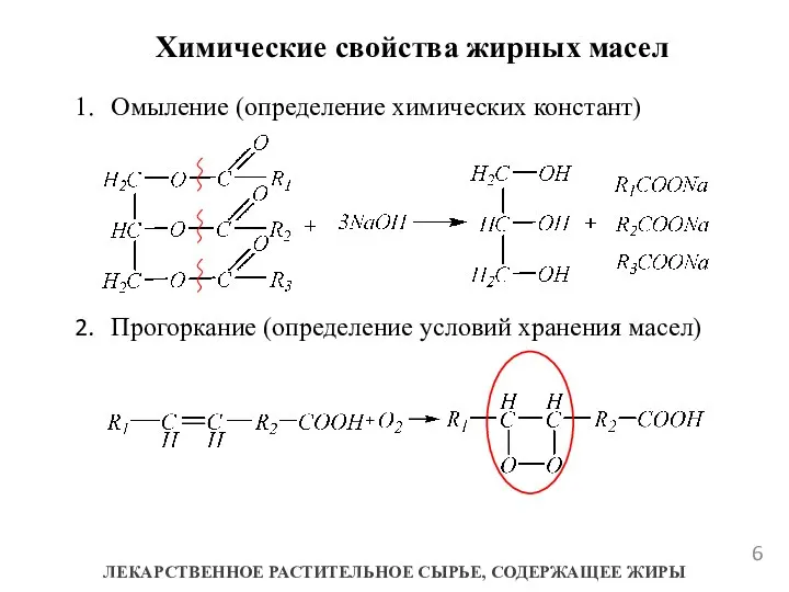 ЛЕКАРСТВЕННОЕ РАСТИТЕЛЬНОЕ СЫРЬЕ, СОДЕРЖАЩЕЕ ЖИРЫ Химические свойства жирных масел Омыление (определение