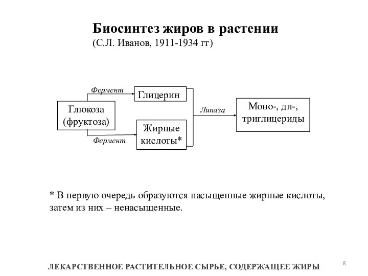 Биосинтез жиров в растении (С.Л. Иванов, 1911-1934 гг) ЛЕКАРСТВЕННОЕ РАСТИТЕЛЬНОЕ СЫРЬЕ,