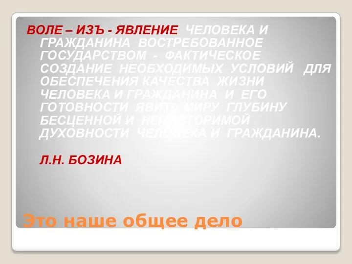 Это наше общее дело ВОЛЕ – ИЗЪ - ЯВЛЕНИЕ ЧЕЛОВЕКА И