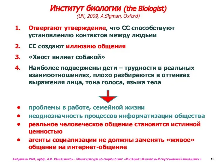 Институт биологии (the Biologist) (UK, 2009, A.Sigman, Oxford) Отвергают утверждение, что