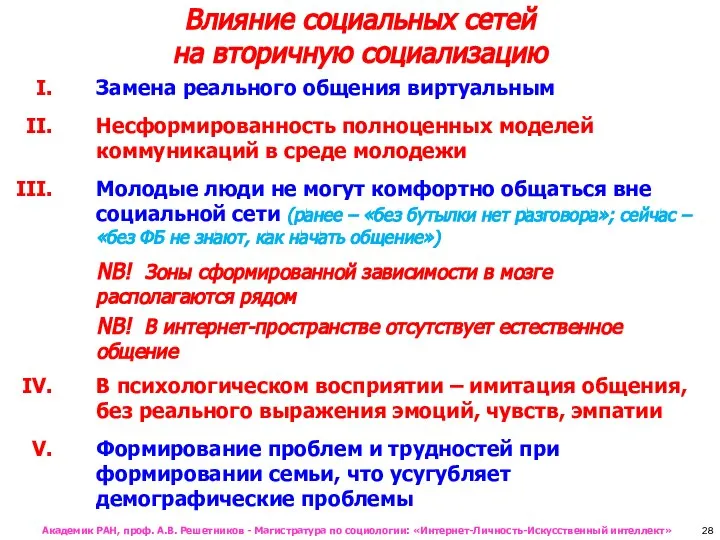 Влияние социальных сетей на вторичную социализацию Замена реального общения виртуальным Несформированность