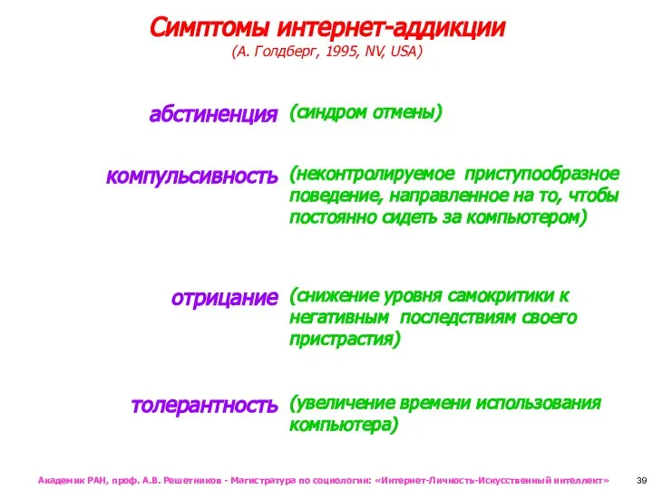 Симптомы интернет-аддикции (А. Голдберг, 1995, NV, USA) 39 Академик РАН, проф.