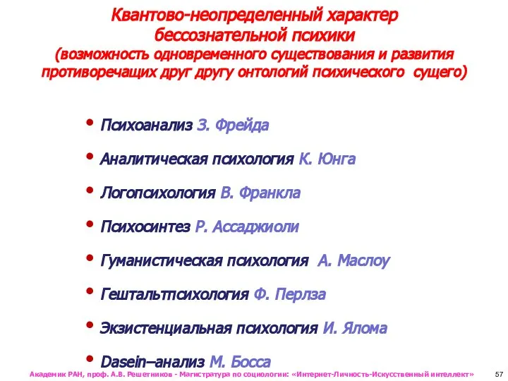 Квантово-неопределенный характер бессознательной психики (возможность одновременного существования и развития противоречащих друг