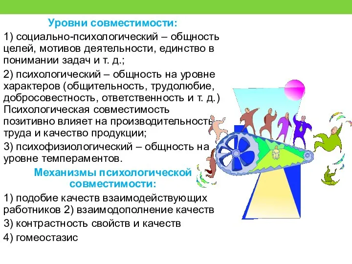 Уровни совместимости: 1) социально-психологический – общность целей, мотивов деятельности, единство в