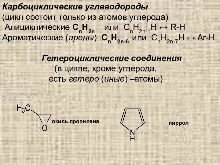Карбоциклические углеводороды (цикл состоит только из атомов углерода) Алициклические СnH2n или