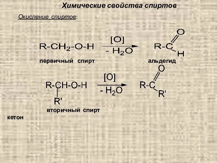 Химические свойства спиртов Окисление спиртов: вторичный спирт кетон первичный спирт альдегид