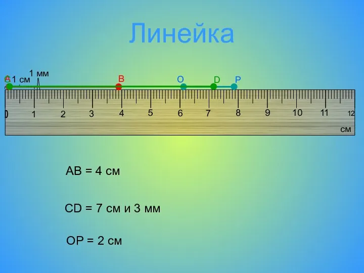 1 см Линейка 1 мм А В С D О Р