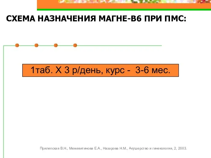 СХЕМА НАЗНАЧЕНИЯ МАГНЕ-В6 ПРИ ПМС: 1таб. X 3 р/день, курс -