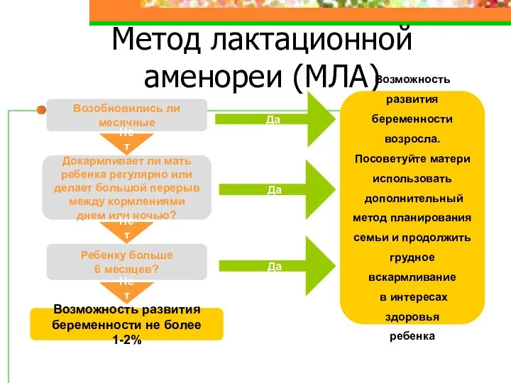 Метод лактационной аменореи (МЛА) Возобновились ли месячные Докармливает ли мать ребенка