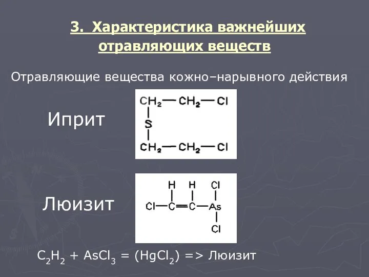 3. Характеристика важнейших отравляющих веществ Отравляющие вещества кожно–нарывного действия Иприт Люизит