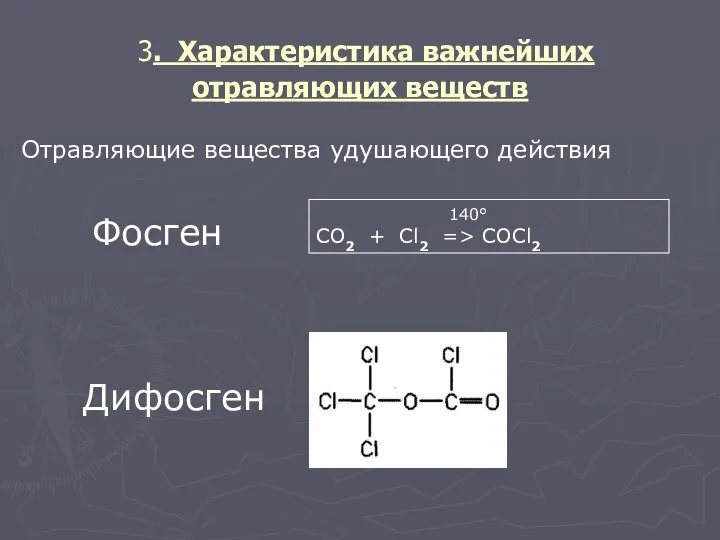 3. Характеристика важнейших отравляющих веществ Отравляющие вещества удушающего действия Фосген Дифосген