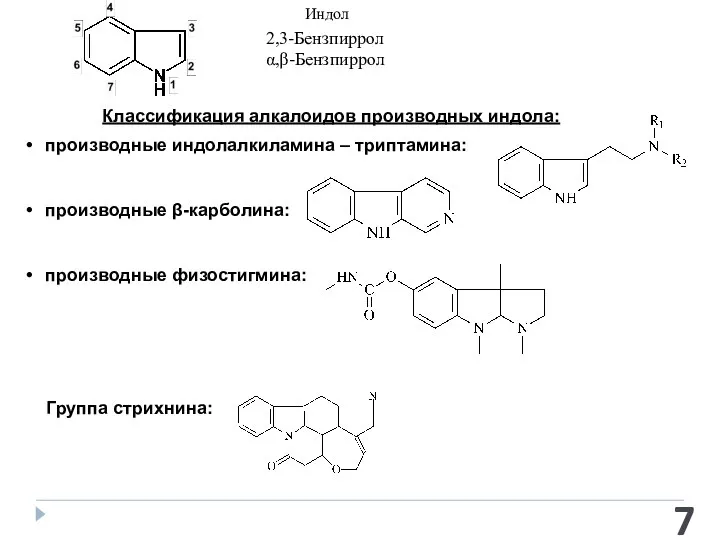 Индол 2,3-Бензпиррол α,β-Бензпиррол Классификация алкалоидов производных индола: производные индолалкиламина – триптамина: