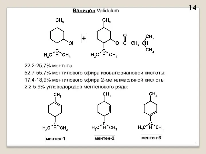 Валидол Validolum 22,2-25,7% ментола; 52,7-55,7% ментилового эфира изовалериановой кислоты; 17,4-18,9% ментилового