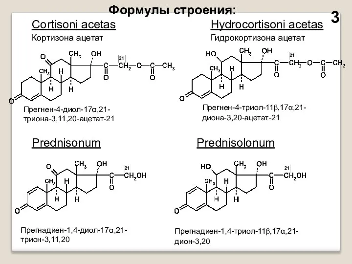 Формулы строения: Cortisoni acetas Кортизона ацетат Прегнен-4-диол-17α,21- триона-3,11,20-ацетат-21 Hydrocortisoni acetas Гидрокортизона