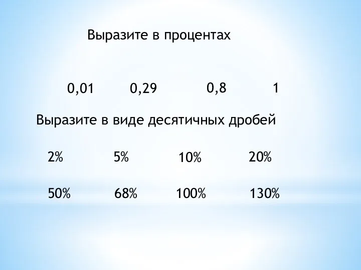 Выразите в процентах 0,01 0,29 0,8 1 Выразите в виде десятичных