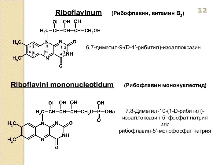 Riboflavinum (Рибофлавин, витамин B2) 6,7-диметил-9-(D-1’-рибитил)-изоаллоксазин Riboflavini mononucleotidum (Рибофлавин мононуклеотид) 7,8-Диметил-10-(1-D-рибитил)-изоаллоксазин-5’-фосфат натрия или рибофлавин-5’-монофосфат натрия