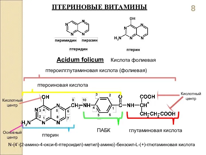 ПТЕРИНОВЫЕ ВИТАМИНЫ Acidum folicum Кислота фолиевая N-{4’-[2-амино-4-окси-6-птероидил)-метил]-амино}-бензоил-L-(+)-глютаминовая кислота птероилглутаминовая кислота (фолиевая)