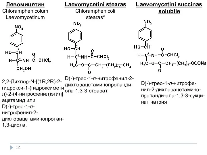 Левомицетин Сhloramphenicolum Laevomycetinum Laevomycetini stearas Сhloramphenicoli stearas* Laevomycetini succinas solubile 2,2-Дихлор-N-[(1R,2R)-2-гидрокси-1-(гидроксиметил)-2-(4-нитрофенил)этил]