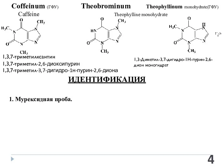 Coffeinum (ГФУ) Theobrominum Theophyllinum monohydrate(ГФУ) Caffeine Theophylline monohydrate 1,3,7-триметилксантин 1,3,7-триметил-2,6-диоксипурин 1,3,7-триметил-3,7-дигидро-1н-пурин-2,6-диона