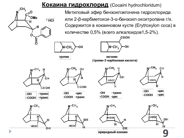 Кокаина гидрохлорид (Cocaini hydrochloridum) Метиловый эфир бензоилэкгонина гидрохлорида или 2-β-карбметокси-3-α-бензоил окситропана