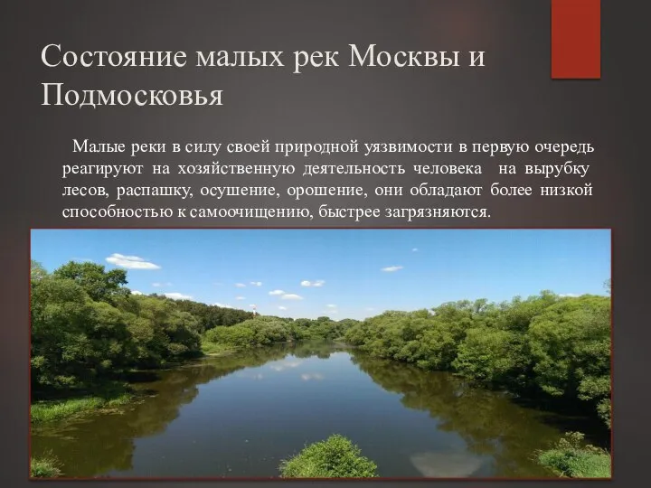 Состояние малых рек Москвы и Подмосковья Малые реки в силу своей