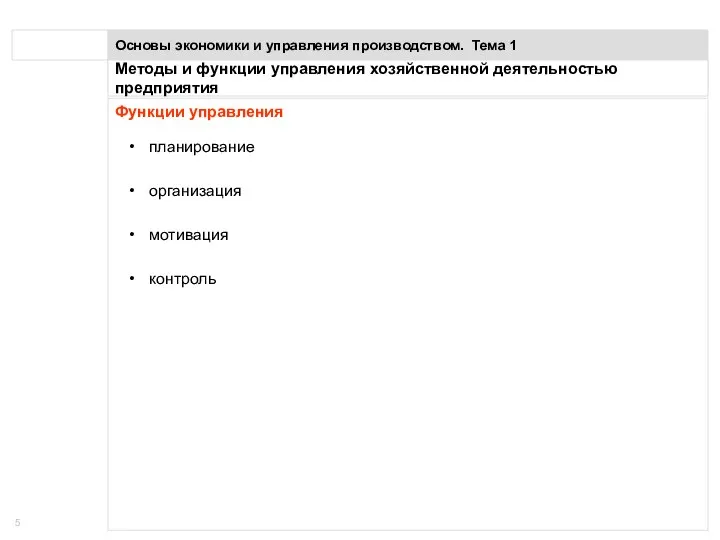 Понятие предприятия Основы экономики и управления производством. Тема 1 Функции управления