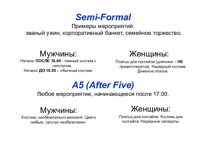 Semi-Formal Примеры мероприятий: званый ужин, корпоративный банкет, семейное торжество. Мужчины: Начало