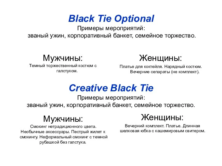 Black Tie Optional Примеры мероприятий: званый ужин, корпоративный банкет, семейное торжество.