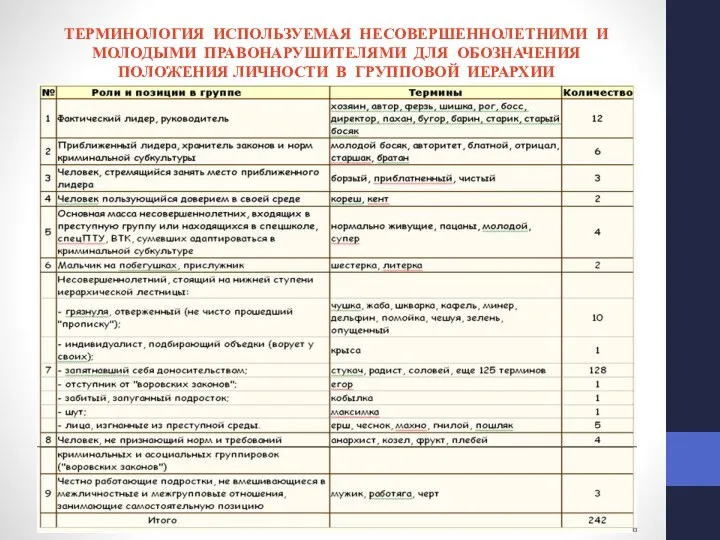 ТЕРМИНОЛОГИЯ ИСПОЛЬЗУЕМАЯ НЕСОВЕРШЕННОЛЕТНИМИ И МОЛОДЫМИ ПРАВОНАРУШИТЕЛЯМИ ДЛЯ ОБОЗНАЧЕНИЯ ПОЛОЖЕНИЯ ЛИЧНОСТИ В ГРУППОВОЙ ИЕРАРХИИ