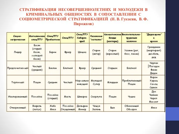 СТРАТИФИКАЦИЯ НЕСОВЕРШЕННОЛЕТНИХ И МОЛОДЕЖИ В КРИМИНАЛЬНЫХ ОБЩНОСТЯХ В СОПОСТАВЛЕНИИ С СОЦИОМЕТРИЧЕСКОЙ