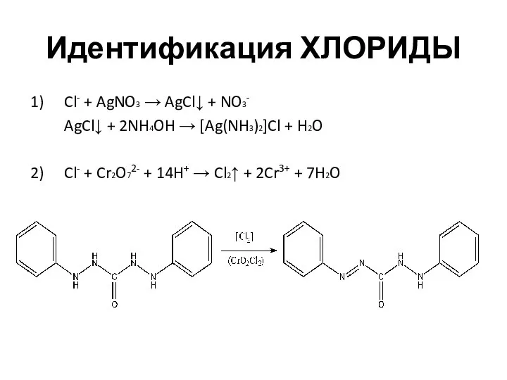 Идентификация ХЛОРИДЫ 1) Cl- + AgNO3 → AgCl↓ + NO3- AgCl↓