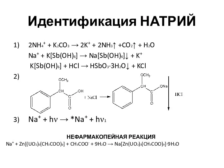 Идентификация НАТРИЙ 1) 2NH4+ + K2CO3 → 2K+ + 2NH3↑ +CO2↑