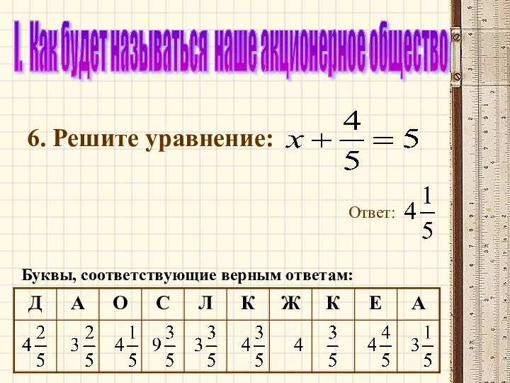 I. Как будет называться наше акционерное общество 6. Решите уравнение: Ответ: Буквы, соответствующие верным ответам: