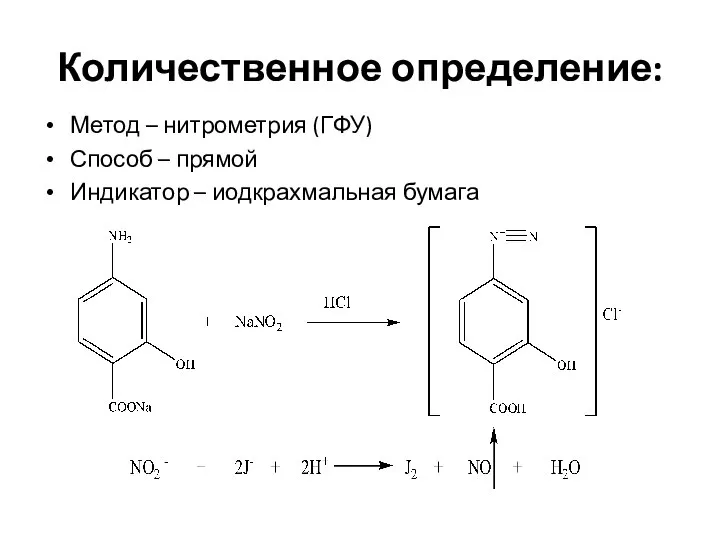 Количественное определение: Метод – нитрометрия (ГФУ) Способ – прямой Индикатор – иодкрахмальная бумага