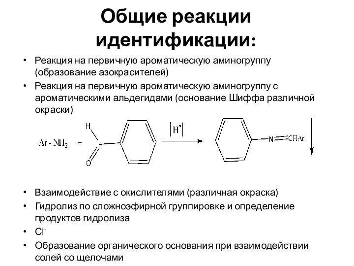 Общие реакции идентификации: Реакция на первичную ароматическую аминогруппу (образование азокрасителей) Реакция