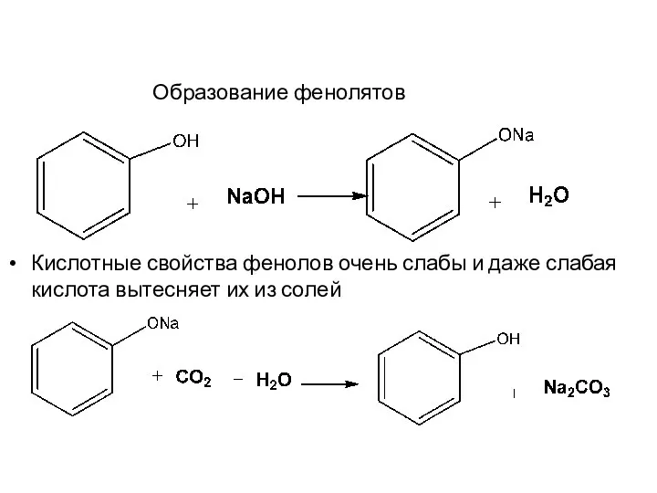 Кислотные свойства фенолов очень слабы и даже слабая кислота вытесняет их из солей Образование фенолятов