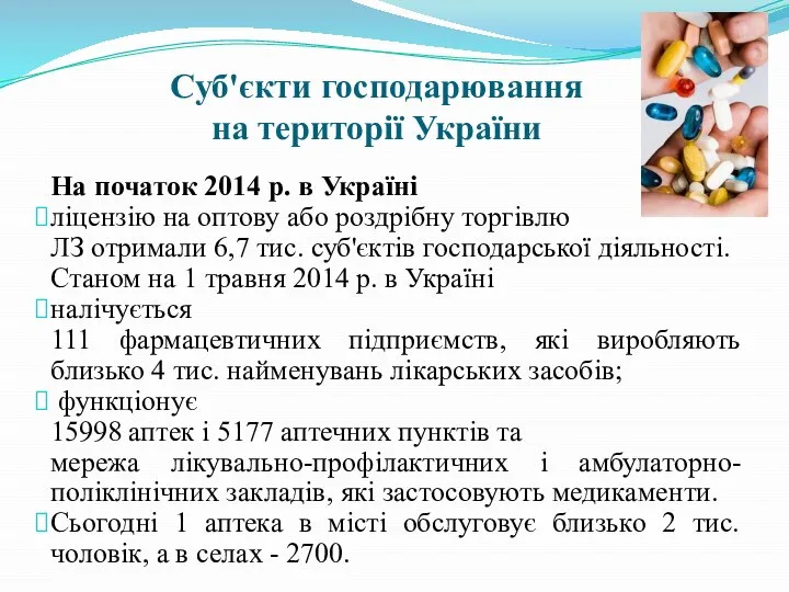 Суб'єкти господарювання на території України На початок 2014 р. в Україні