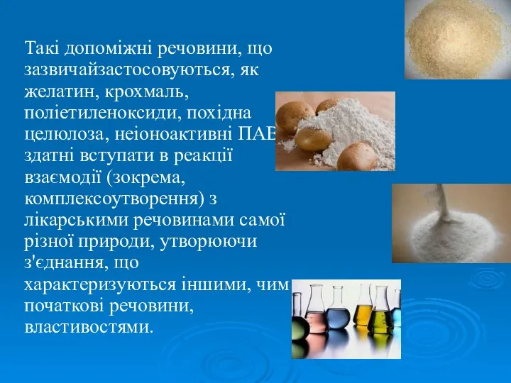 Такі допоміжні речовини, що зазвичайзастосовуються, як желатин, крохмаль, поліетиленоксиди, похідна целюлоза,