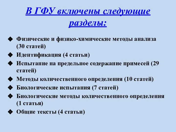 В ГФУ включены следующие разделы: Физические и физико-химические методы анализа (30