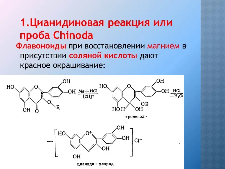 1.Цианидиновая реакция или проба Chinoda Флавоноиды при восстановлении магнием в присутствии соляной кислоты дают красное окрашивание: