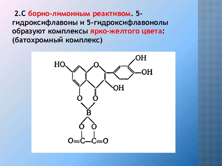 2.С борно-лимонным реактивом. 5-гидроксифлавоны и 5-гидроксифлавонолы образуют комплексы ярко-желтого цвета: (батохромный комплекс)