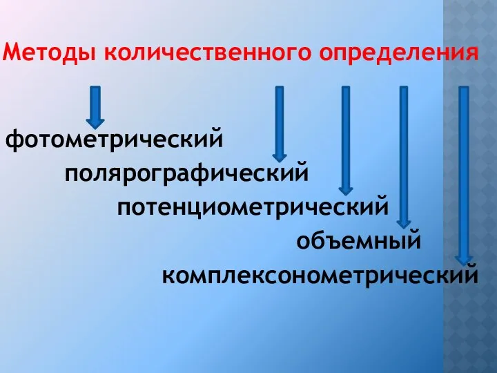 Методы количественного определения фотометрический полярографический потенциометрический объемный комплексонометрический